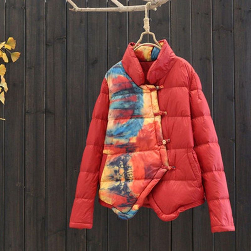 Print Stand Collar Down Coat