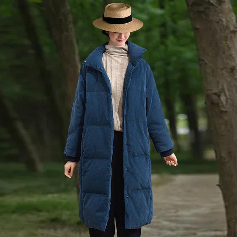 Winter Corduray Simple Thick Duck Down Blue Overcoat