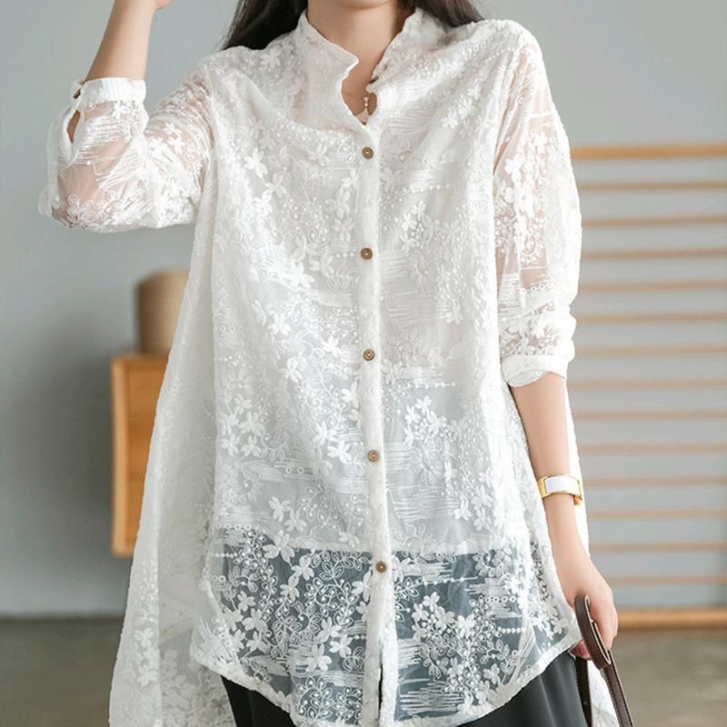 Blouse Blomsterbroderet Transparent Bomuldsbluse