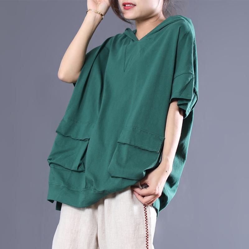 Bomuld Solid Hooded Double Pocket Bluse