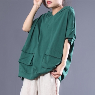 Bomuld Solid Hooded Double Pocket Bluse