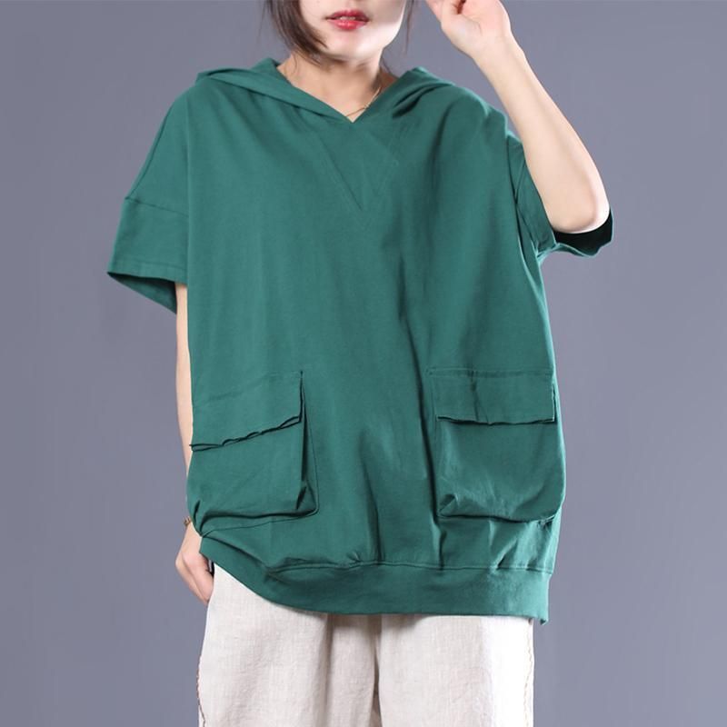 Bomuld Solid Hooded Double Pocket Bluse