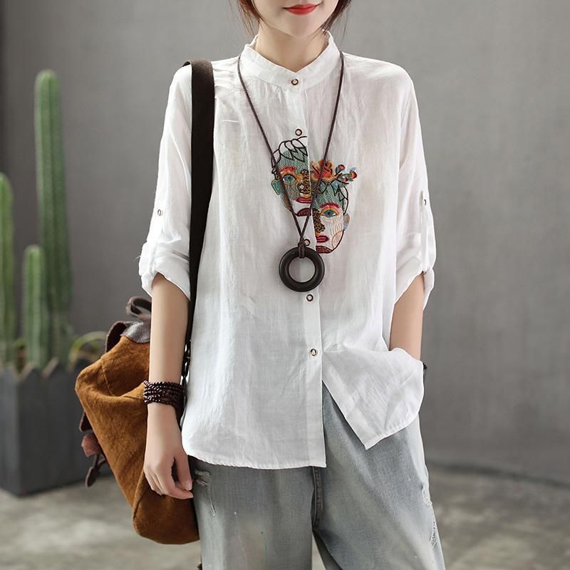 Casual Bomuld Linned Broderi Turn-down Bluse