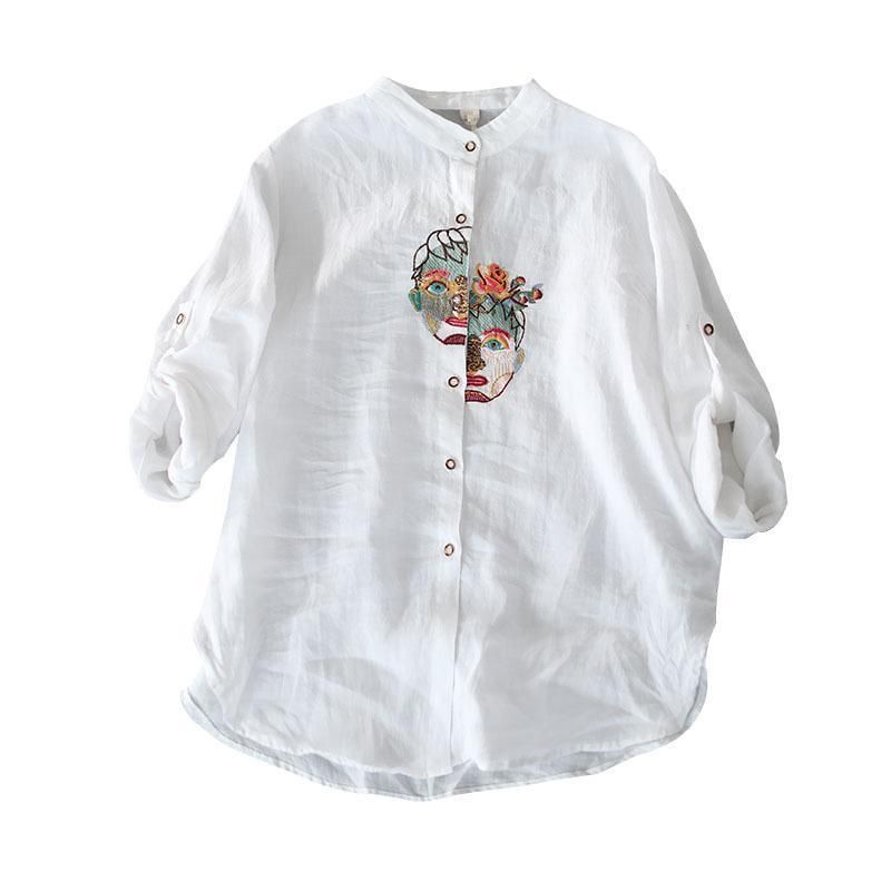 Casual Bomuld Linned Broderi Turn-down Bluse