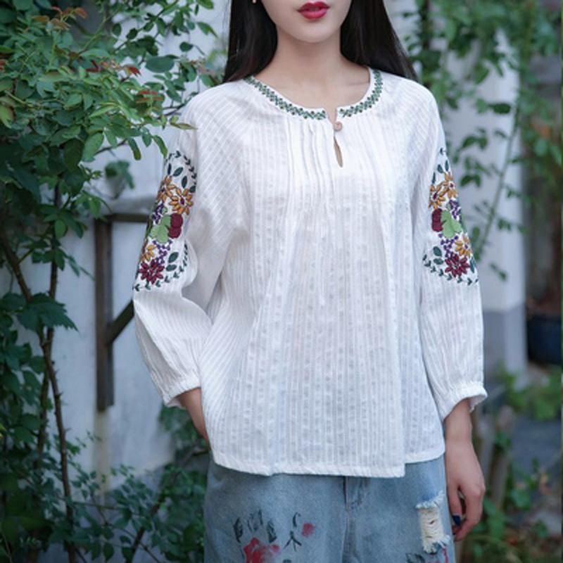 Casual Plisseret Broderi Vintage Hørbluse