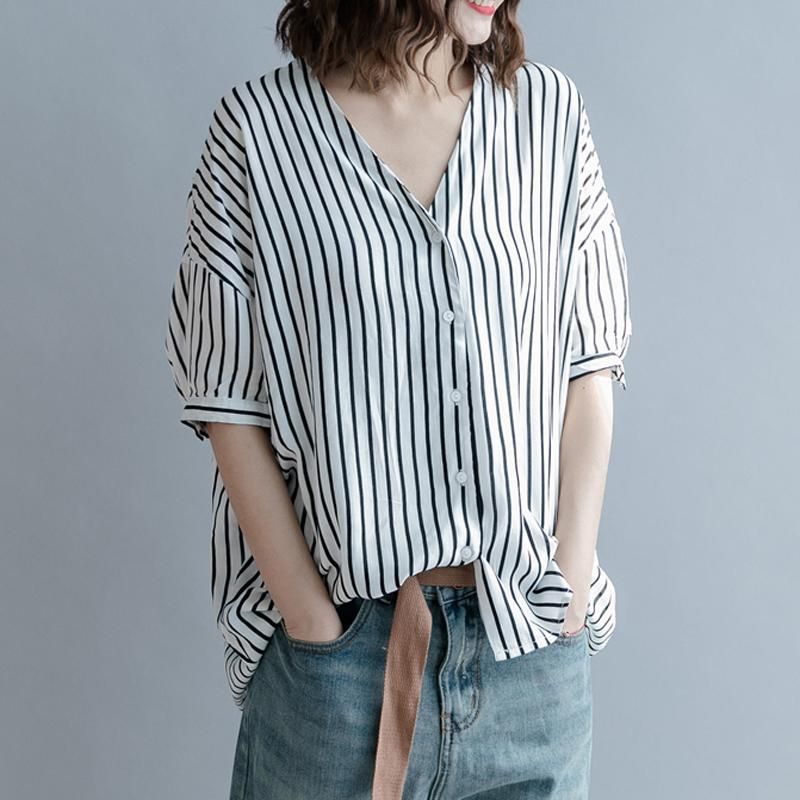 Casual V-neck Stripes Løs Skjorte Til Kvinder