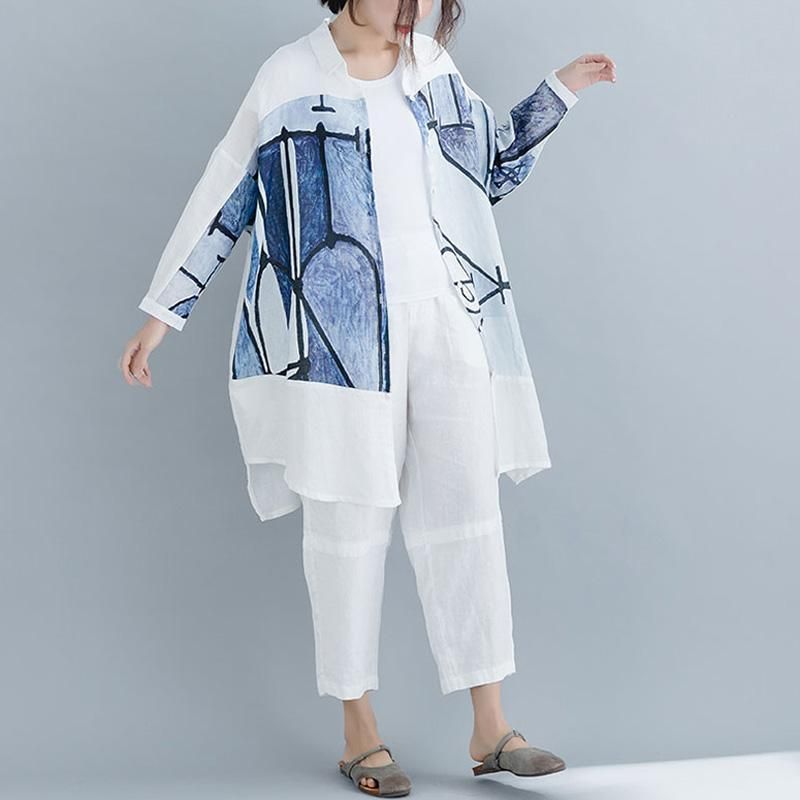 Causal High Low Paneled Linen Print Lommer Loose Shift Shirt