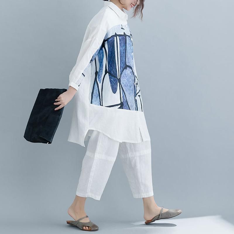 Causal High Low Paneled Linen Print Lommer Loose Shift Shirt