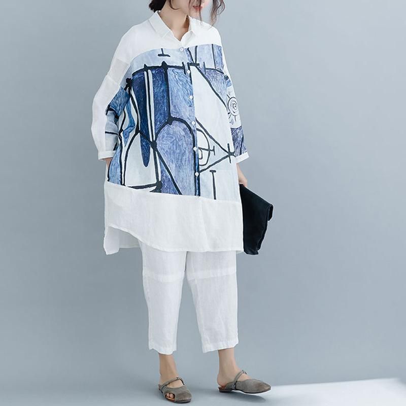 Causal High Low Paneled Linen Print Lommer Loose Shift Shirt