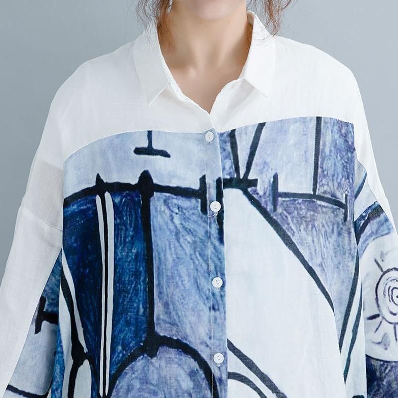 Causal High Low Paneled Linen Print Lommer Loose Shift Shirt