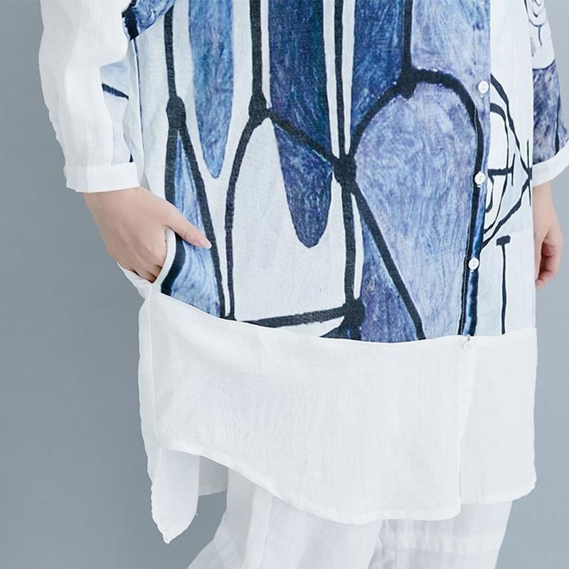 Causal High Low Paneled Linen Print Lommer Loose Shift Shirt