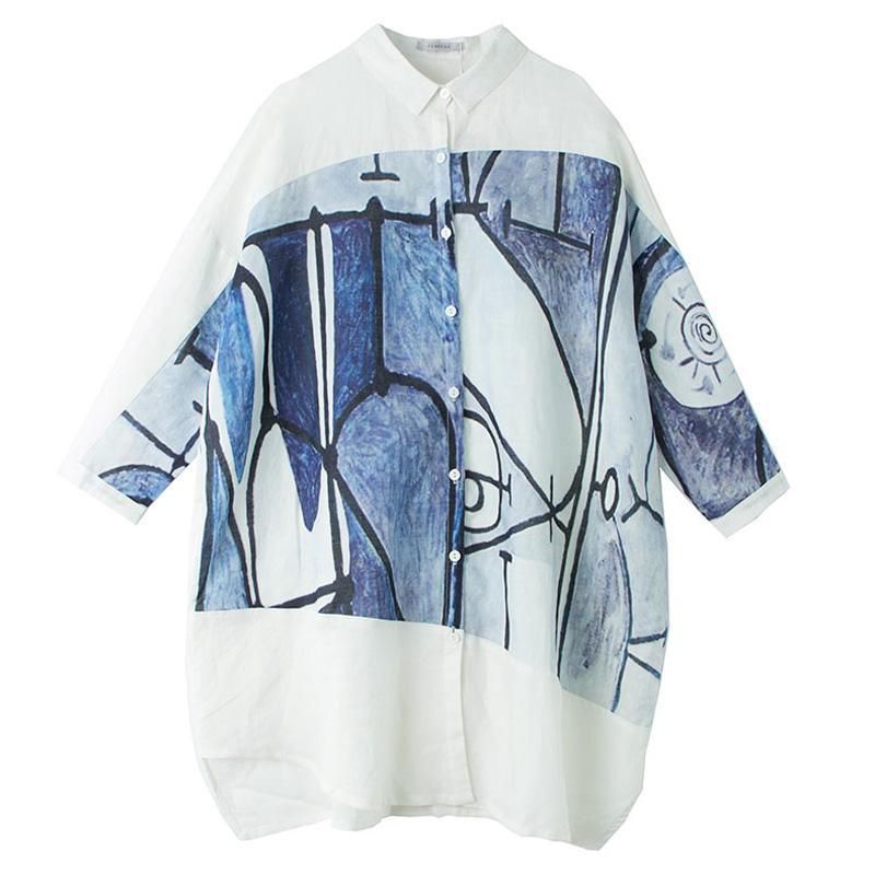 Causal High Low Paneled Linen Print Lommer Loose Shift Shirt