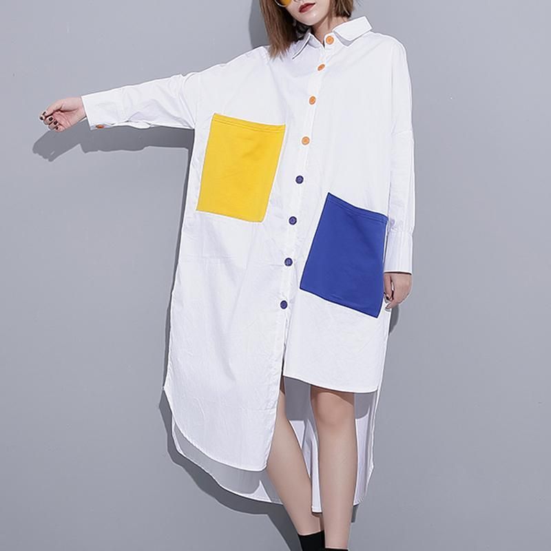 Color Block Asymmetrisk Pocket Slid Casual Skjorte