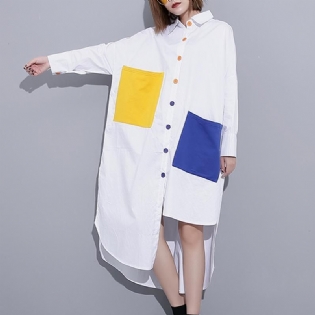 Color Block Asymmetrisk Pocket Slid Casual Skjorte