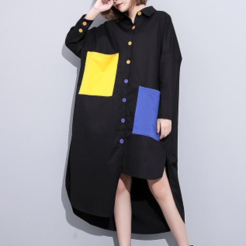 Color Block Asymmetrisk Pocket Slid Casual Skjorte