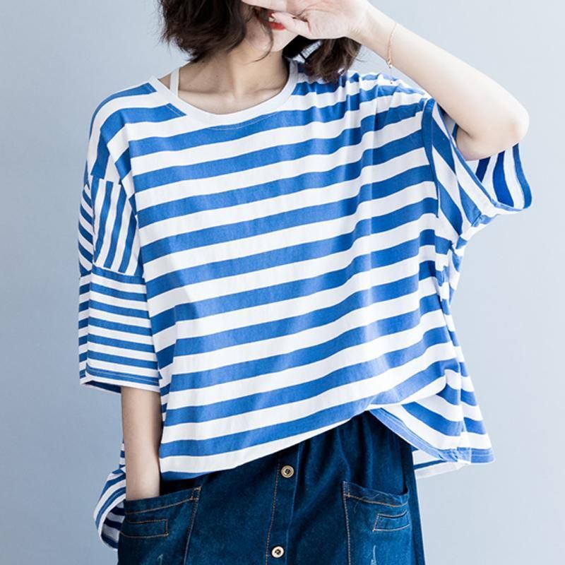 Dame Bomuld Casual Stripes Løs T-shirt