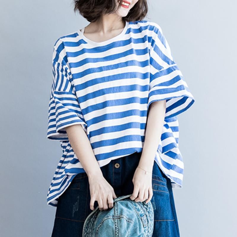 Dame Bomuld Casual Stripes Løs T-shirt