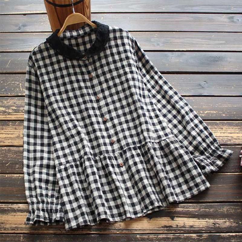 Dame Forår Retro Plaid Bomuld Linned Bluse