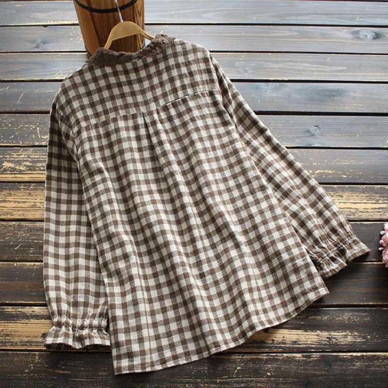 Dame Forår Retro Plaid Bomuld Linned Bluse