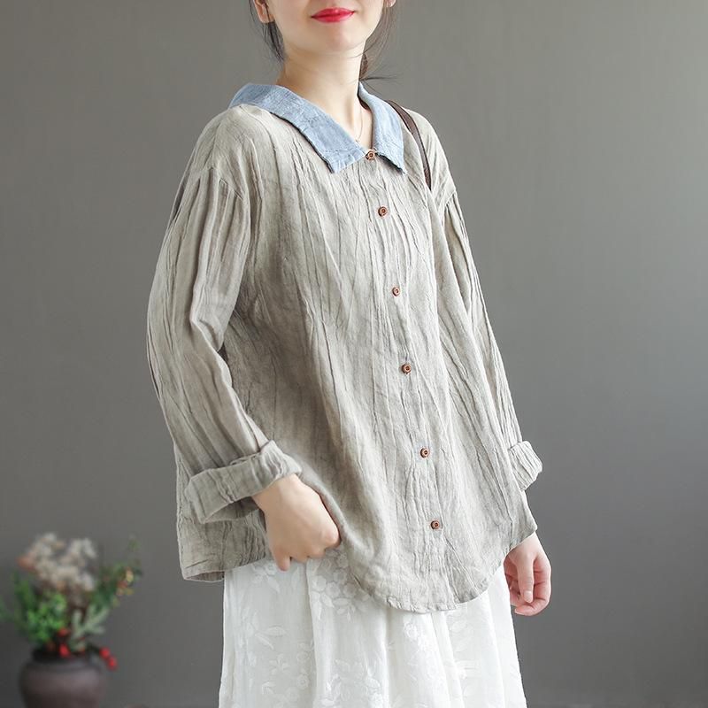 Dame Retro Løs Lapel Linned Bluse