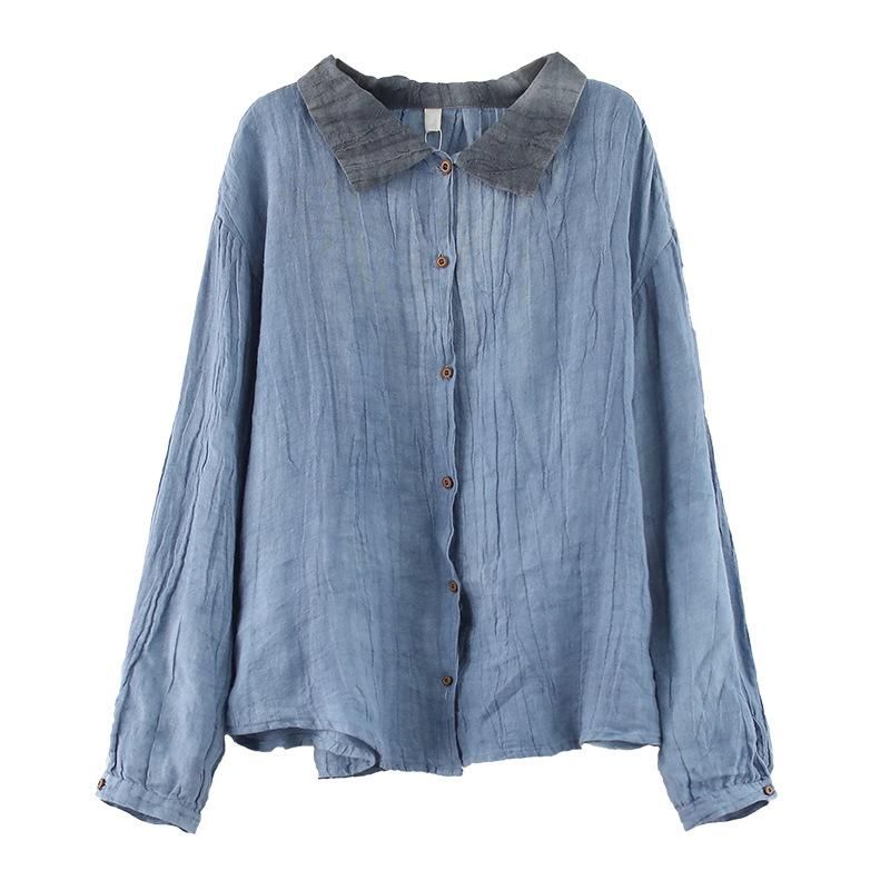 Dame Retro Løs Lapel Linned Bluse