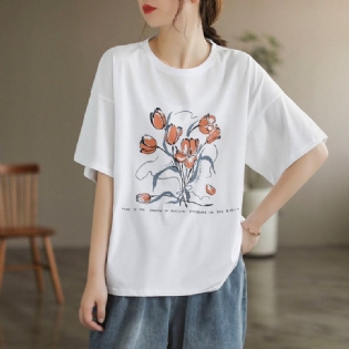 Dame Sommer Løs Retro Blomster Bomuld T-shirt