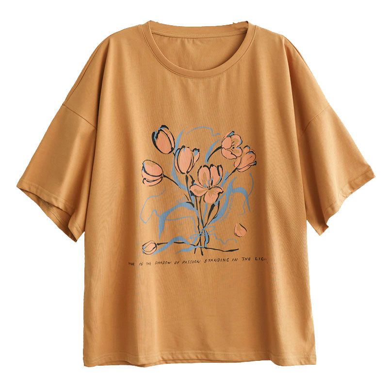 Dame Sommer Løs Retro Blomster Bomuld T-shirt