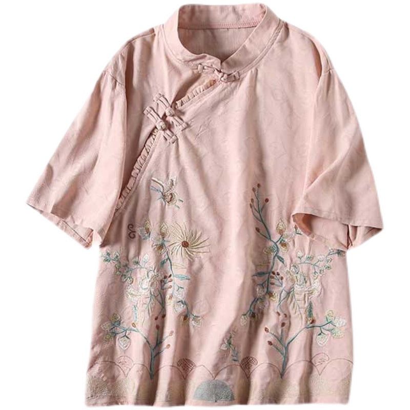 Dame Sommer Retro Blomster Broderi Bluse