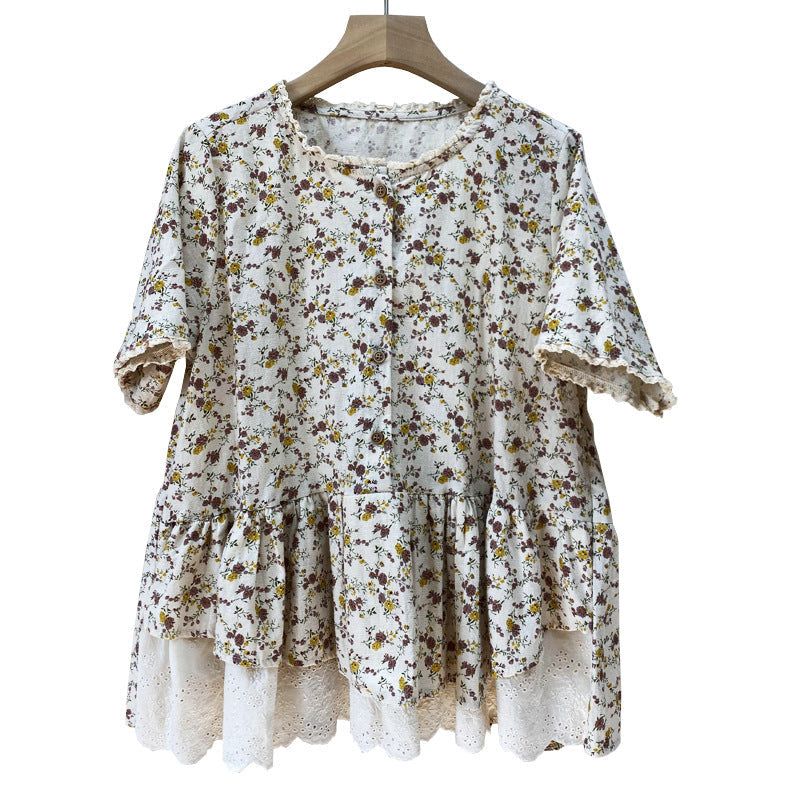 Dame Sommer Retro Blomster Patchwork Bluse Af Hør I Bomuld