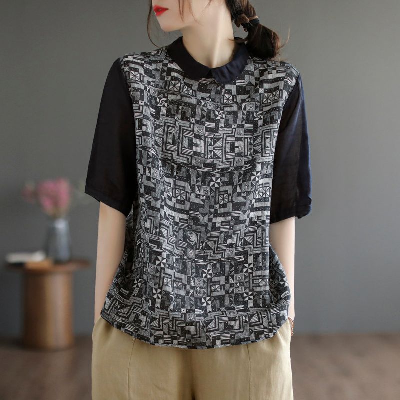 Dame Sommer Retro Linned Printed Bluse