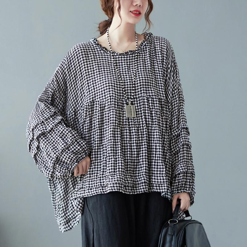 Efterår Bomuld Linned Plaid Plus Size Puff Shirt