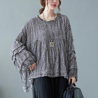 Efterår Bomuld Linned Plaid Plus Size Puff Shirt