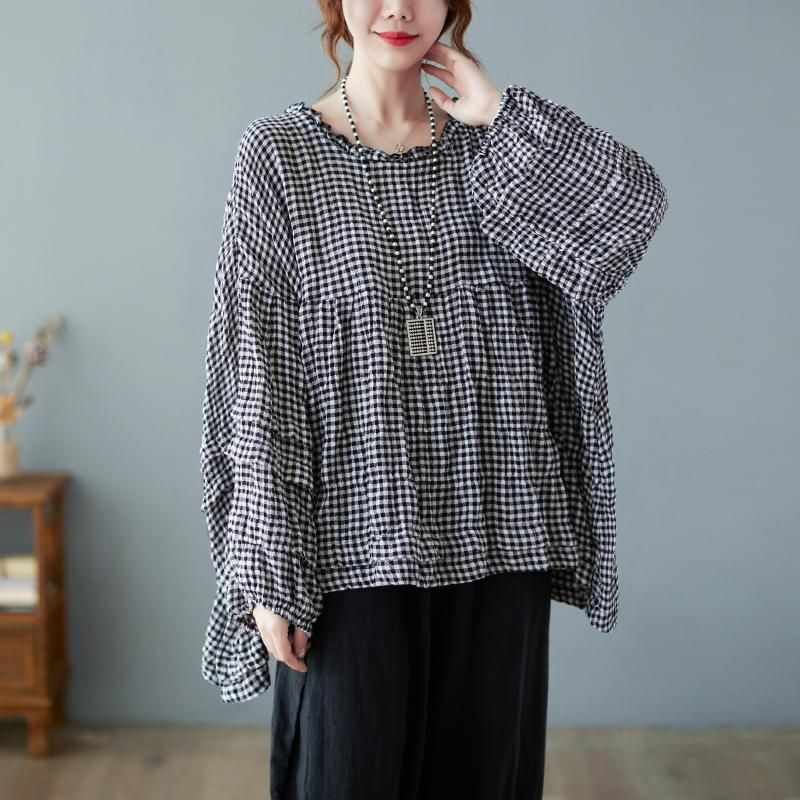 Efterår Bomuld Linned Plaid Plus Size Puff Shirt