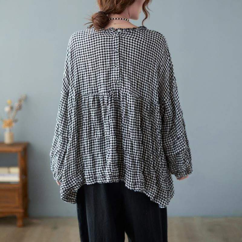 Efterår Bomuld Linned Plaid Plus Size Puff Shirt