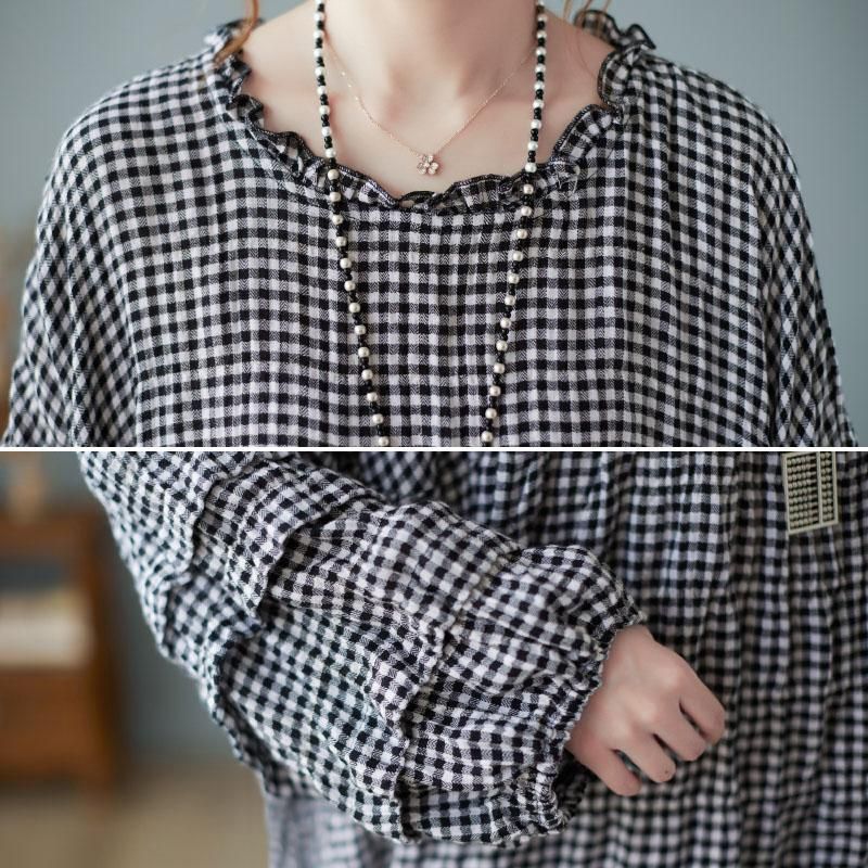 Efterår Bomuld Linned Plaid Plus Size Puff Shirt