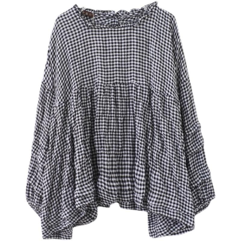 Efterår Bomuld Linned Plaid Plus Size Puff Shirt