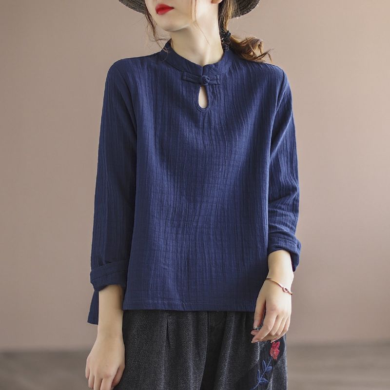 Etnisk Retro Spring Bomuld Linned Pullover Bluse