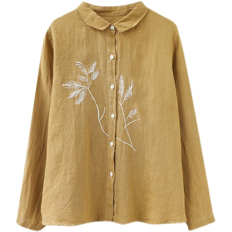 Forår Blomsterbroderi Retro Linen Langærmet Bluse