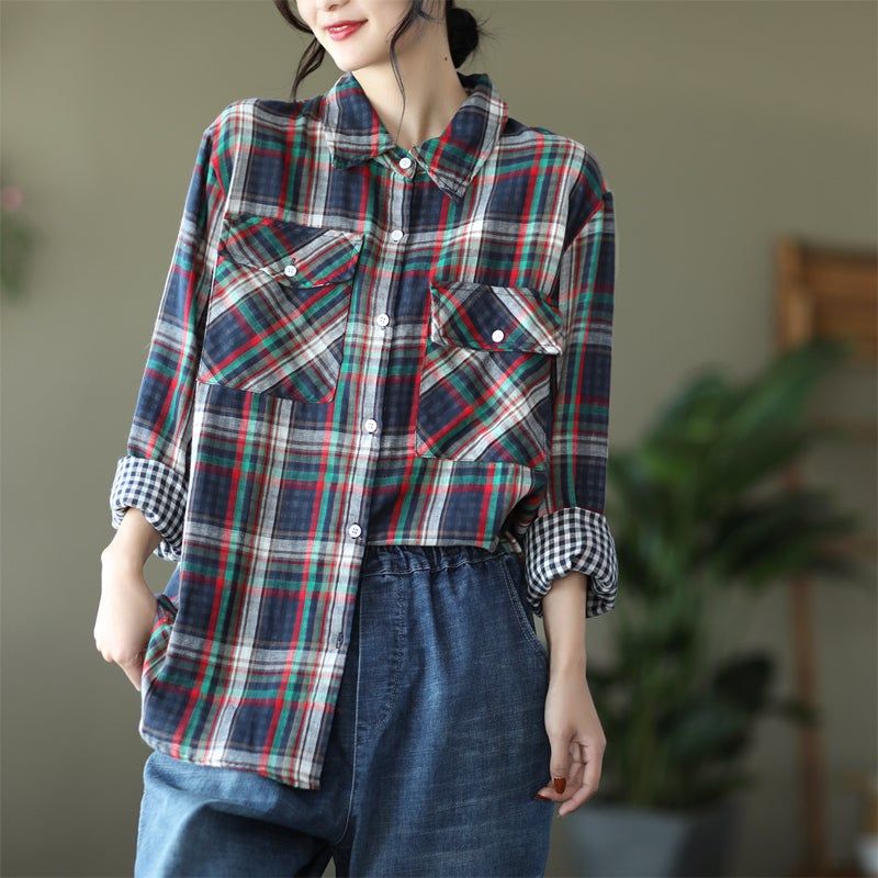 Forår Casual Løs Retro Langærmet Plaid Bluse