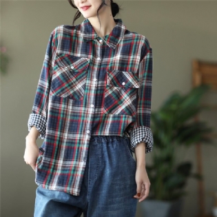 Forår Casual Løs Retro Langærmet Plaid Bluse