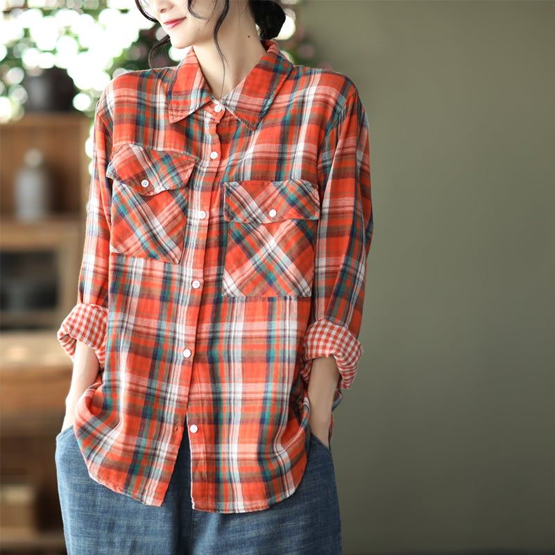 Forår Casual Løs Retro Langærmet Plaid Bluse