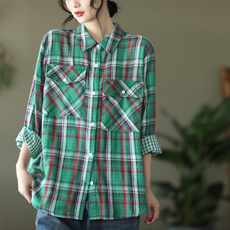 Forår Casual Løs Retro Langærmet Plaid Bluse