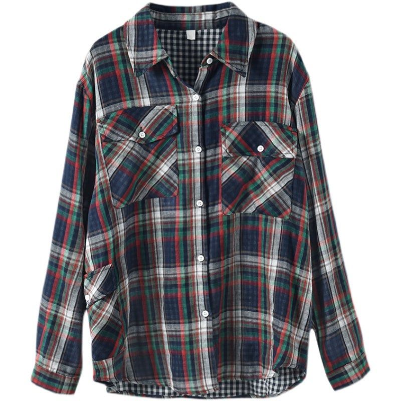 Forår Casual Løs Retro Langærmet Plaid Bluse