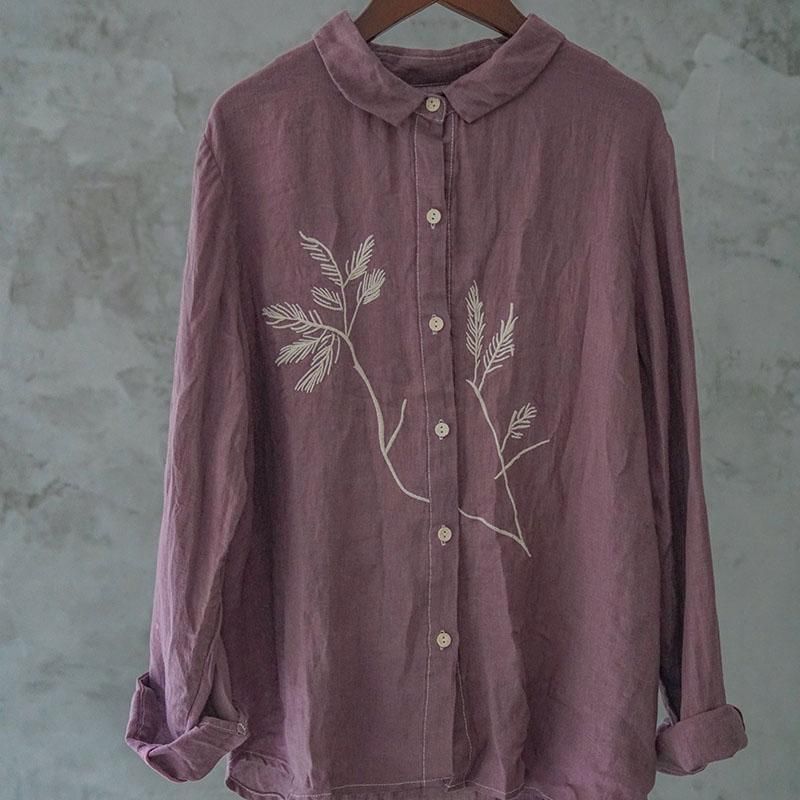 Forår Efterår Casual Retro Blomsterbroderi Hørbluse