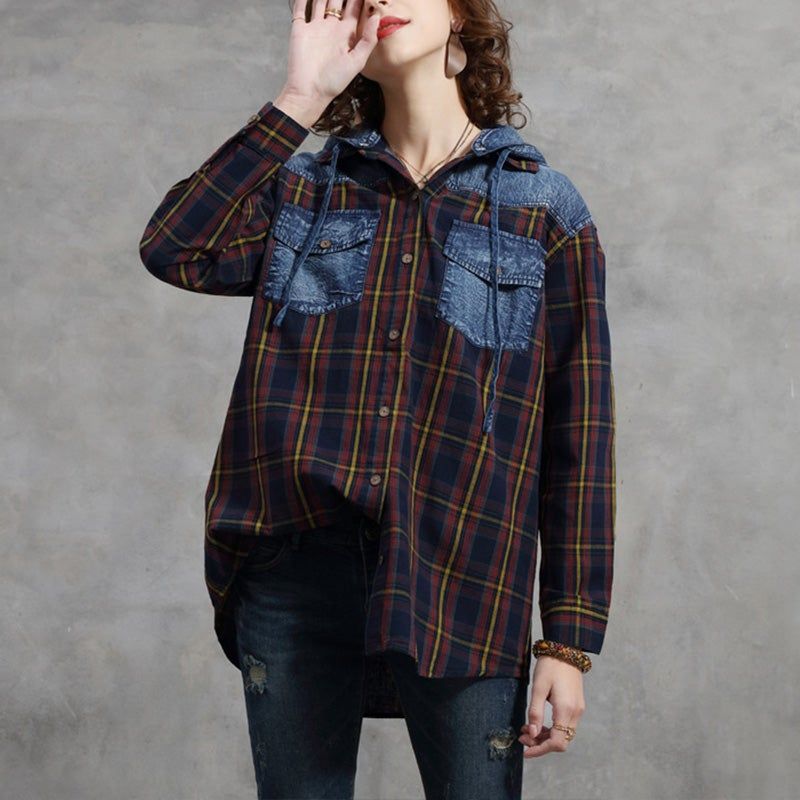 Forår Efterår Retro Plaid Hætte Patchwork Bomuldsbluse