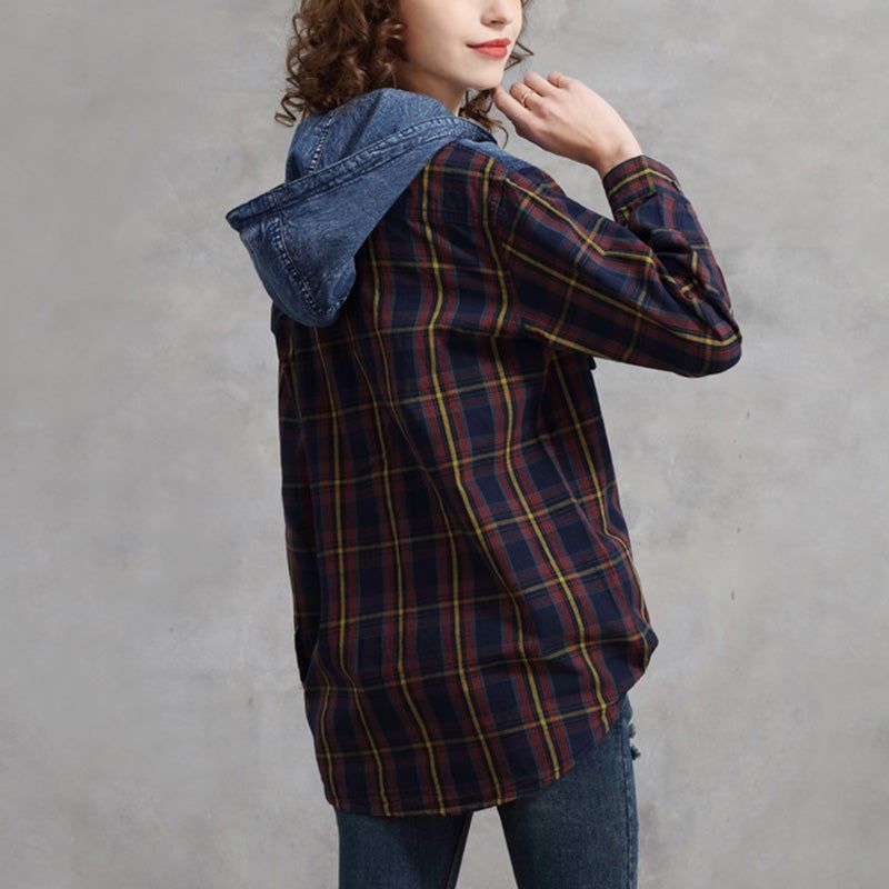 Forår Efterår Retro Plaid Hætte Patchwork Bomuldsbluse