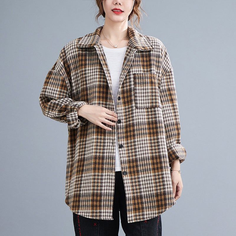 Forår Retro Casual Langærmet Løs Plaid Skjorte