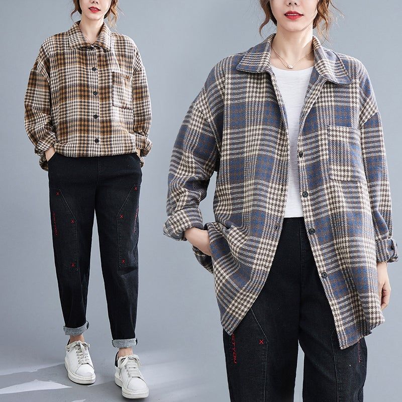 Forår Retro Casual Langærmet Løs Plaid Skjorte