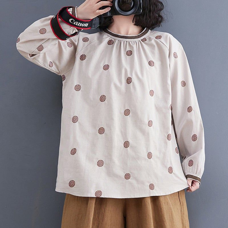 Forår Retro Polka Dot Løs Casual Linned Bluse