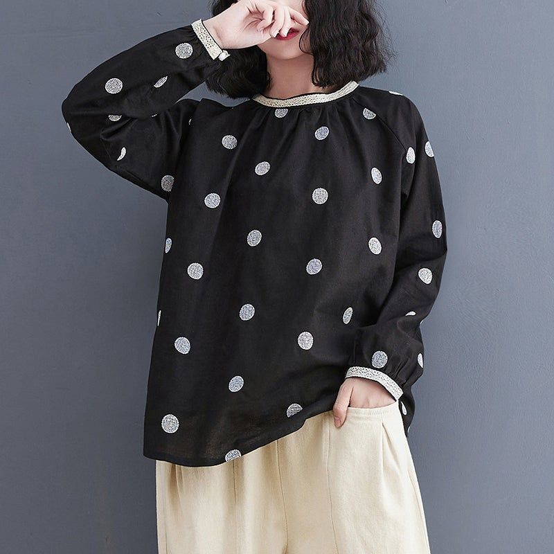 Forår Retro Polka Dot Løs Casual Linned Bluse